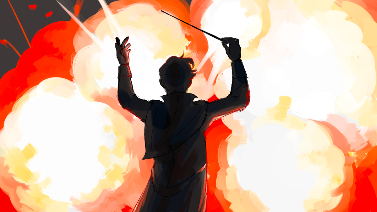 This is a drawing of Wilbur. From his silhouette, he wears his Pogtopia outfit. He holds a conducting baton in his right hand, and is posed to look like he is mid-conducting. The entire background is an explosion of red, orange, and white.